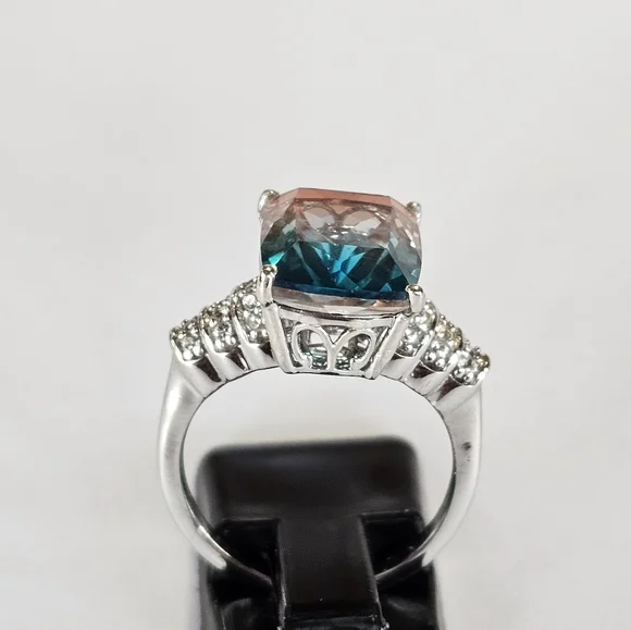 Aqua Colorful Terra Costa Quartz Triplet & White Zircon Ring in 925! Size 7 New - Picture 11 of 14